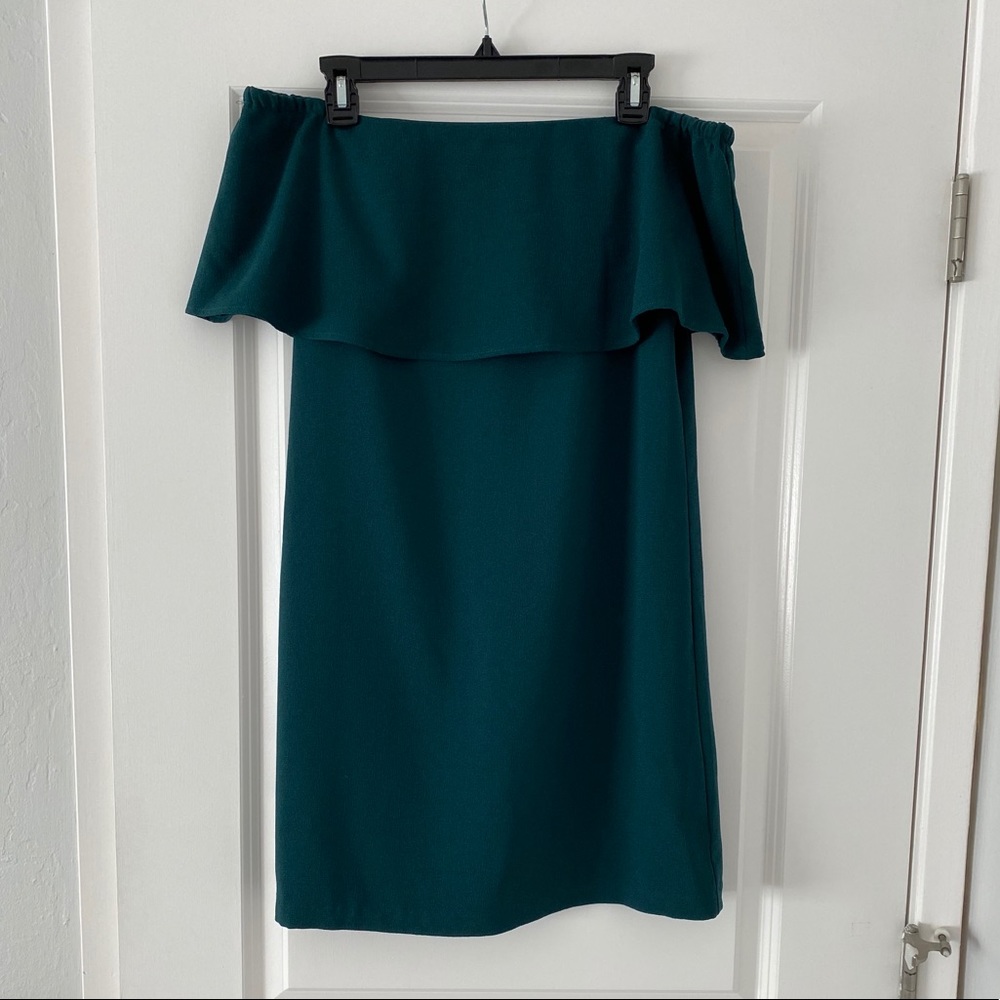 Emerald off the shoulder midi flare dress